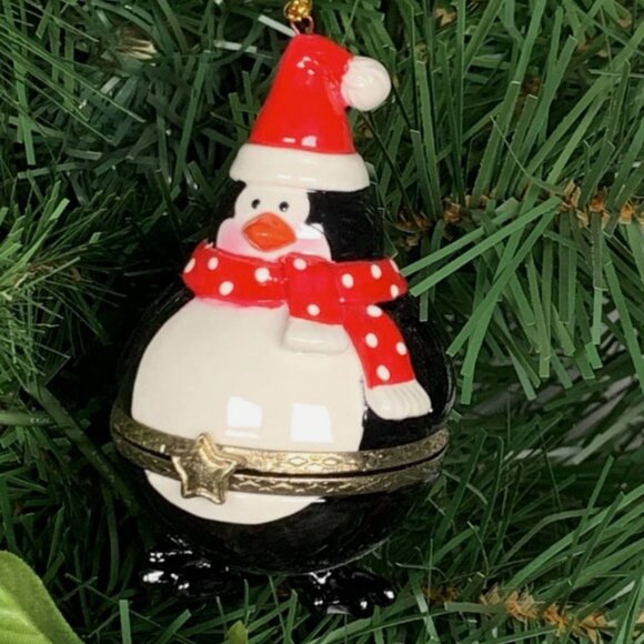 Penguin with Santa Hat Scarf Porcelain Hinged Trinket Box Christmas Ornament - Picture 2 of 5